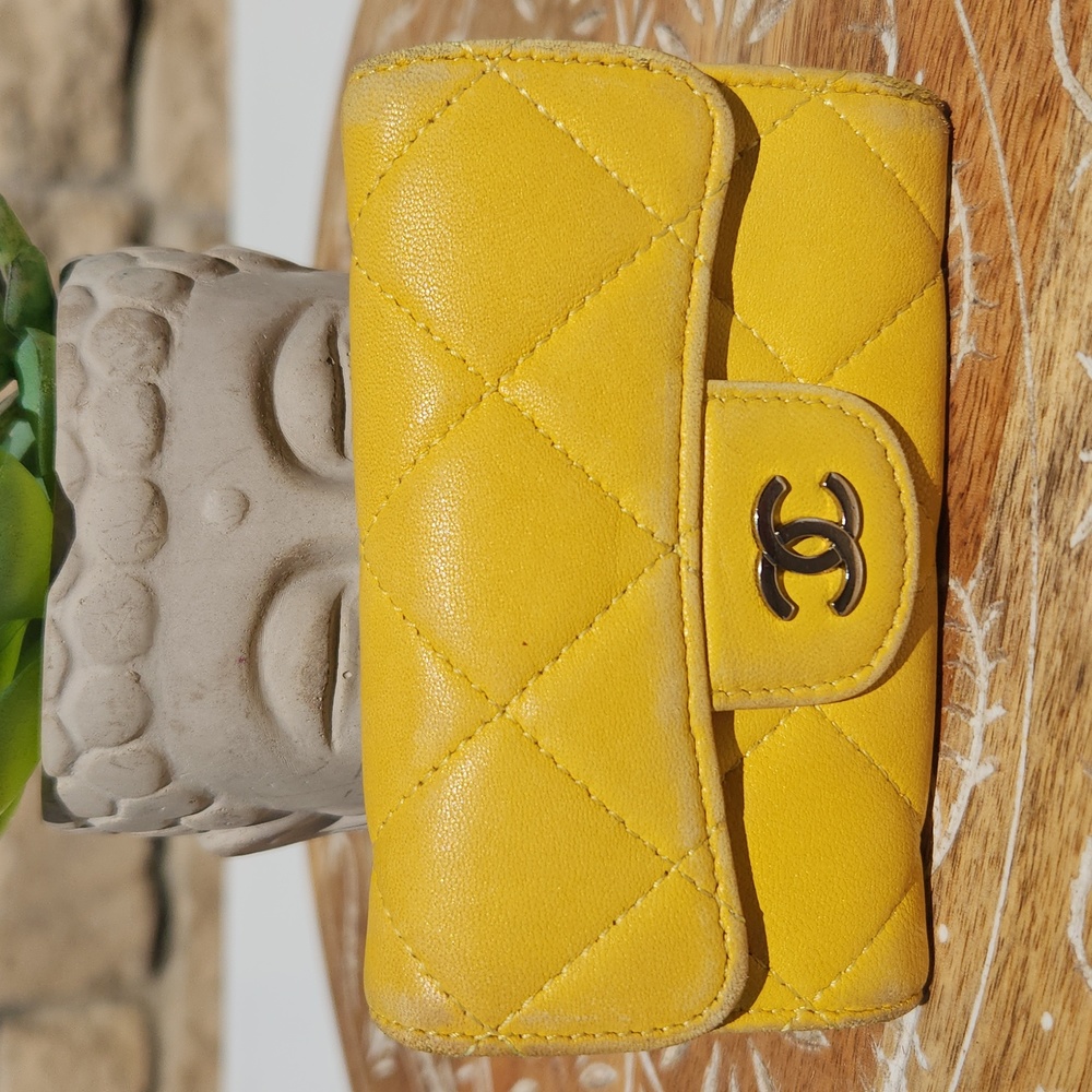 Chanel Quilted Yellow Key Holder with silver interlocking C logo